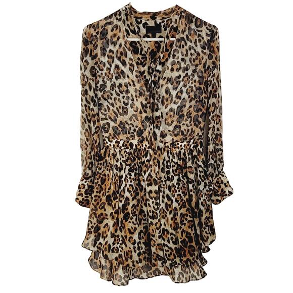 Intermix cheetah print sheer layered ruffled flowy long sleeved dress size small - Picture 3 of 12